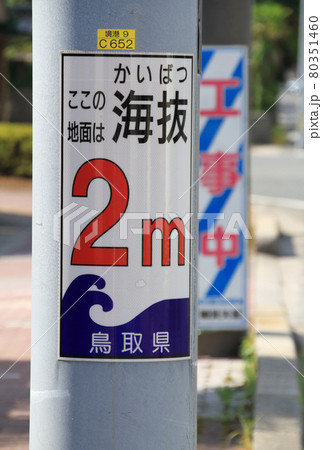 電柱に設置された津波からの避難のための海抜表示 電柱に設置された津波からの避難のための海抜表示 80351460