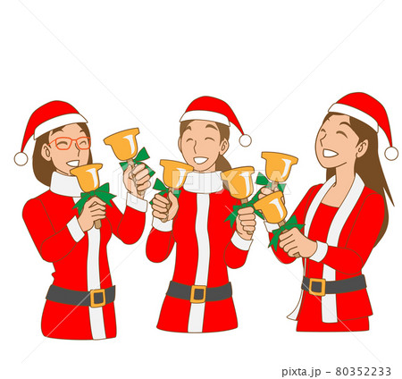 サンタクロースの仮装でハンドベルを演奏する女性のイラストのイラスト素材