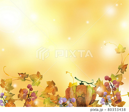 カボチャと秋の葉っぱ　水彩イラスト 80353438