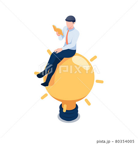 Isometric Businessman Sitting on Light Bulb and Reading Book 80354005