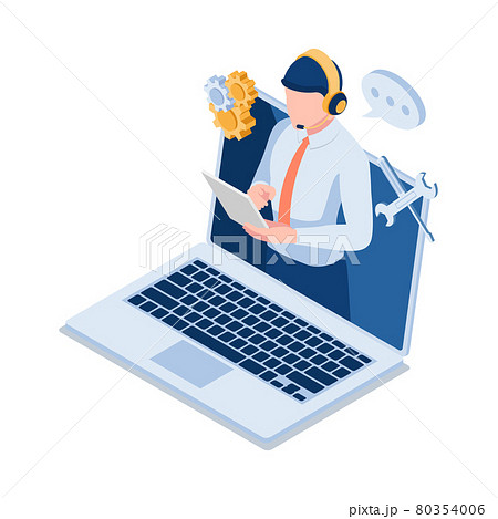 Isometric Male Technical Support Operator Wearting Headset on Laptop Screen 80354006