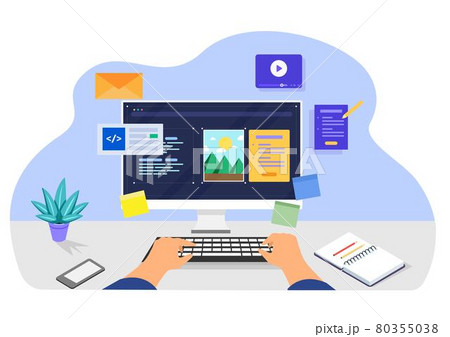 Businessman designing a website by coding on a desktop computer. vector images for web banners 80355038