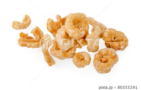 Pork snack or Pork scratching leather lean pork fried crispy and blistered isoloated on white background Pork snack or Pork scratching leather lean pork fried crispy and blistered isoloated on white background 80355291