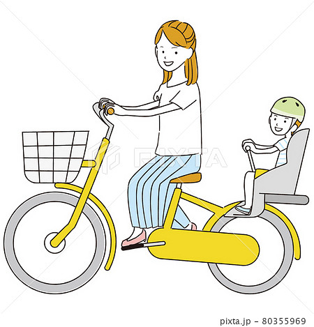 手書き線画カラーイラスト ママと息子 二人乗り自転車 夏のイラスト素材
