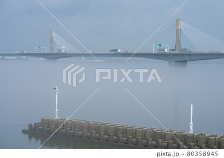 霧に浮かぶ揖斐長良大橋 80358945
