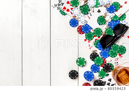 Post blog social media poker. Banner template layout mockup for online casino. Wooden white table, top view on workplace. 80359423