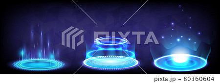 Sci-fi digital high-tech collection in glowing HUD. Hologram portal of science futuristic. Magic warp gate in game fantasy. Abstract technology. Circle teleport podium. GUI, UI virtual reality users Sci-fi digital high-tech collection in glowing HUD. Hologram portal of science futuristic. Magic warp gate in game fantasy. Abstract technology. Circle teleport podium. GUI, UI virtual reality users 80360604