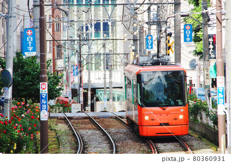 東京さくらトラム(都電荒川線)｜大塚〜向原間の坂を登ってきた電車 80360931
