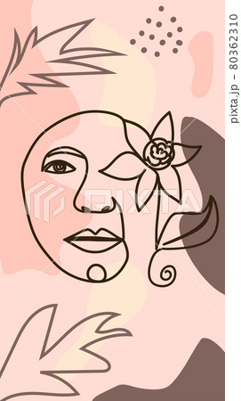 Woman face with flowers one line drawing. Half of the face is a flower. Continuous line drawing art. Nature cosmetics. Woman face with flowers one line drawing. Half of the face is a flower. Continuous line drawing art. Nature cosmetics. 80362310
