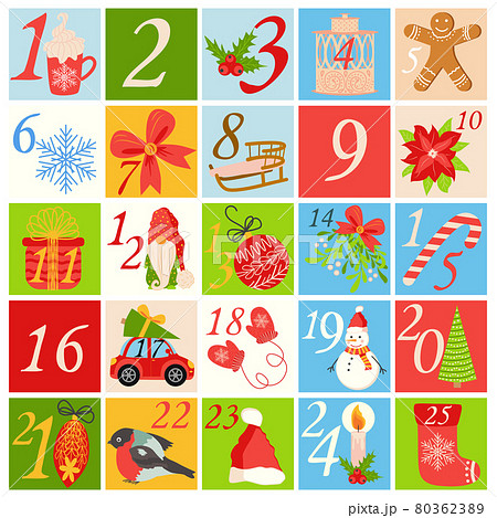 Countdown calendar to Christmas with cartoon characters and symbols. Birds, Gnome, Santa Claus hat, gift, postcard, animals, sweets, mitten, socks 80362389
