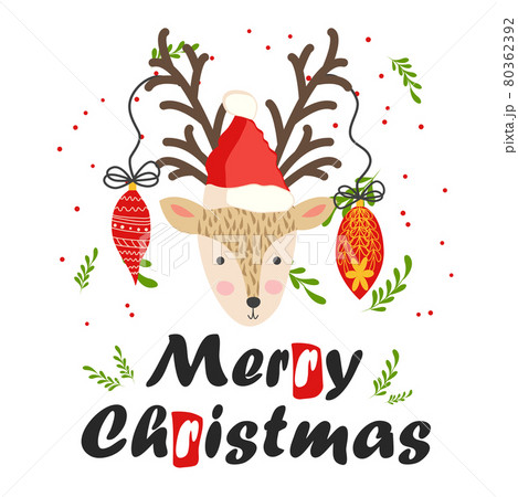 Deer with Christmas balls on the horns. Christmas card with a deer and letters. Cute winter poster, Christmas card 80362392