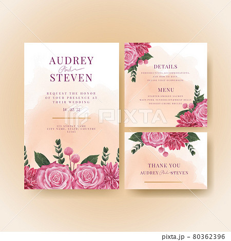 Wedding card template with muave red floral concept,waterolor style 80362396