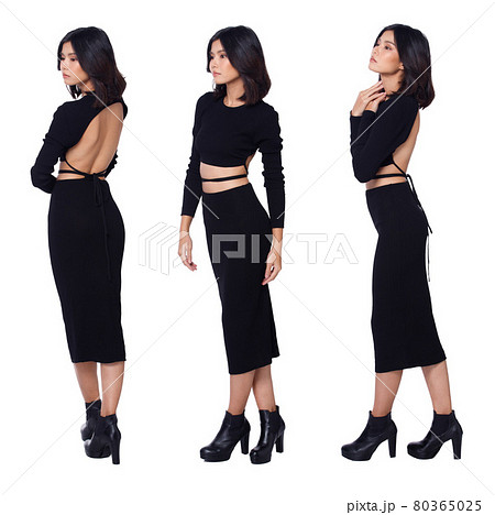 Collage Full length of 20s Asian Woman black hair long sleeve skirt dress leather shoes with open sexy back. Female stands and strong fashion poses over white Background isolated Collage Full length of 20s Asian Woman black hair long sleeve skirt dress leather shoes with open sexy back. Female stands and strong fashion poses over white Background isolated 80365025