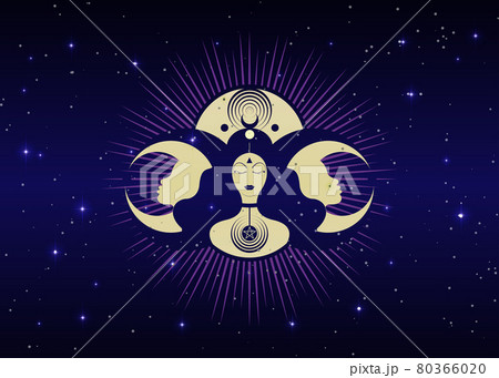 Woman Wicca mother earth symbol of sexual procreation. Spiral goddess of fertility and triple moon Wiccan. The spiral cycle of life, death and rebirth. Crescent, half and full moon vector starry sky 80366020