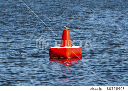 Red inflatable buoy on the blue sea Red inflatable buoy on the blue sea 80366403