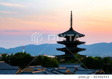 京都市 夕暮れ時の八坂の塔と街並み 80366443