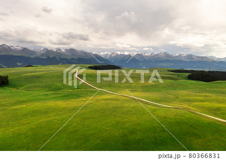 Mountain peaks and grassland are under white clouds. Mountain peaks and grassland are under white clouds. 80366831
