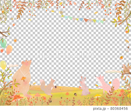 Scandinavian style white background vector frame illustration of a landscape where balloons with fashionable autumn plants and forest animals fly 80368456