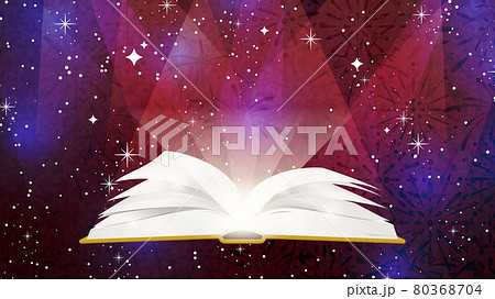 開いた本から飛び出す光 スポットライトと打ち上げ花火の背景イラスト 16 9のイラスト素材