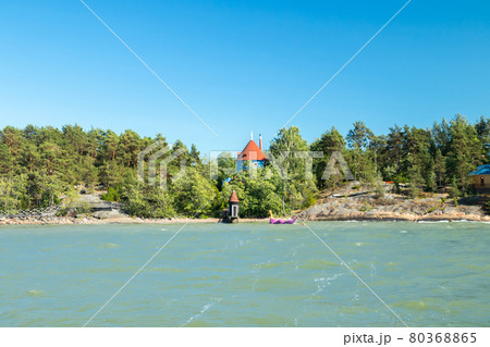 Naantali, Finland - 28 June, 2019: View from the sea to park Moomin world at sunny summer day, Naantali, Finland 80368865