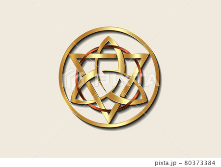 The Grand Seal of gold Triquetra with Triangle and bronze Circle logo, Luxury Metallic round Trinity Knot, Pagan Celtic symbol Triple Goddess. Wicca sign, book of shadows, vector isolated on white 80373384