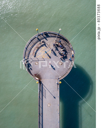 Abstract aerial shot of pier using bird eye perspective made in Christchurch, New Zealand 80373688