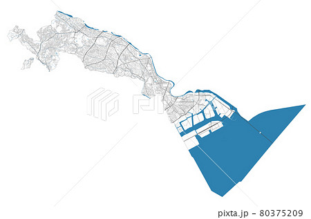 Kawasaki map. Detailed map of Kawasaki city administrative area. Cityscape urban panorama. 80375209