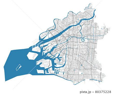 Osaka city map. Detailed map of administrative area, land panorama. 80375228