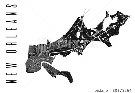New Orleans map. Detailed vector map of New Orleans city administrative area.Black land with white. New Orleans map. Detailed vector map of New Orleans city administrative area.Black land with white. 80375264