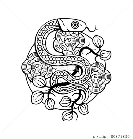 Snakes and flowers. Tattoo art, coloring books. Hand drawn vintage vector illustration 80375336