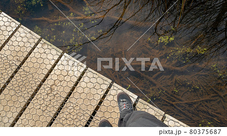 Diagonally split shot with wooden boardwalk and water reflections, looking down perspective. Shot made in Glenorchy, New Zealand 80375687