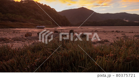 Red sunset landscape scenery in tropical inlet bay with deserted boat in frame. Shot made in Abel Tasman National Park, New Zealand Red sunset landscape scenery in tropical inlet bay with deserted boat in frame. Shot made in Abel Tasman National Park, New Zealand 80375721