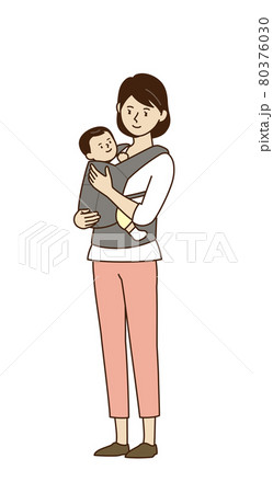 赤ちゃんを抱っこひもで抱っこしている女性のイラスト素材