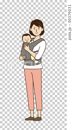 赤ちゃんを抱っこひもで抱っこしている女性のイラスト素材