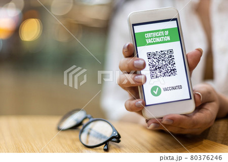 Travel female hands holding smartphone with electronic certificate of vaccination at screen Travel female hands holding smartphone with electronic certificate of vaccination at screen 80376246