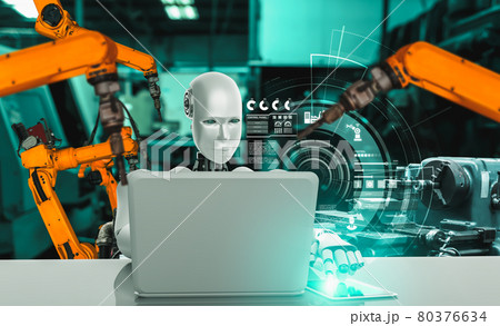 Mechanized industry robot and robotic arms for assembly in factory production . 80376634