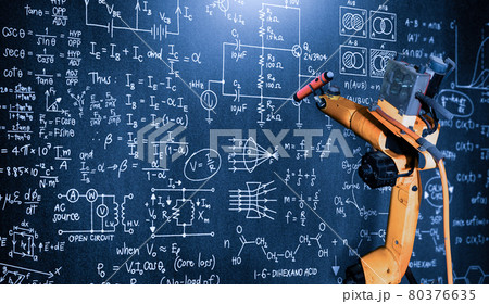 Robot arm AI analyzing mathematics for mechanized industry problem solving Robot arm AI analyzing mathematics for mechanized industry problem solving 80376635