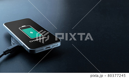 Phone charge. Mobile cell phone charge battery from wireless smart charger. Modern technology, portable fast charger. 80377245