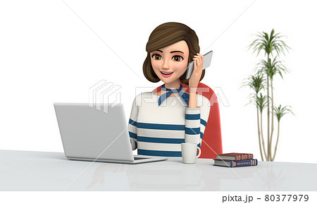 3d イラスト 自宅で仕事をする女性がスマートフォンで話をしているのイラスト素材