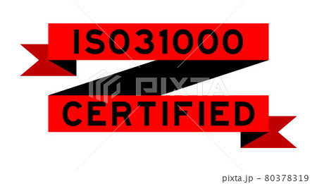 Vintage red color ribbon banner with word ISO 31000 certified on white background 80378319