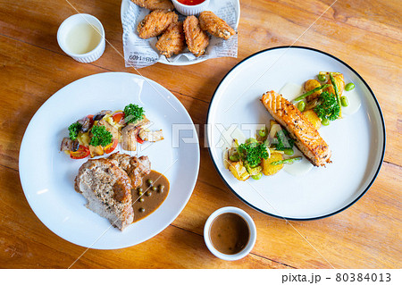 pork steak and salmon steak for lunch 80384013