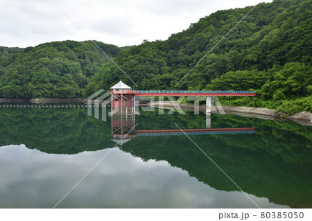 夏の北海道北斗市上磯ダムの風景を撮影 80385050