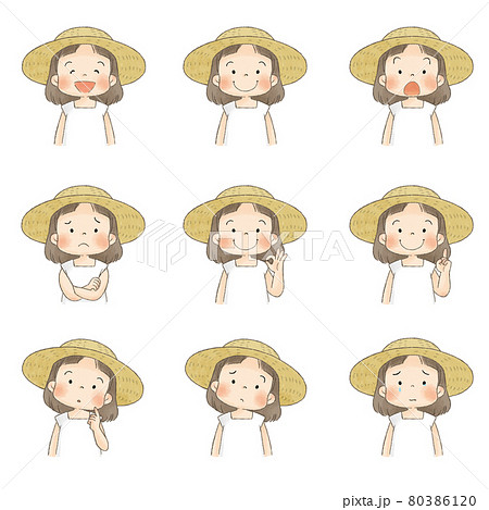 麦わら帽子の女の子 表情セット のイラスト素材
