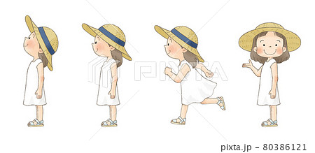 麦わら帽子の女の子 全身横向きセット のイラスト素材