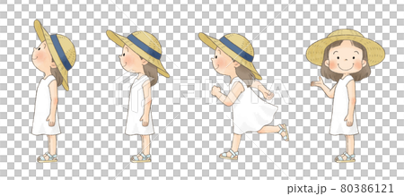 麦わら帽子の女の子 全身横向きセット のイラスト素材