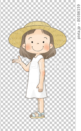 麦わら帽子の女の子 ご案内ポーズ のイラスト素材