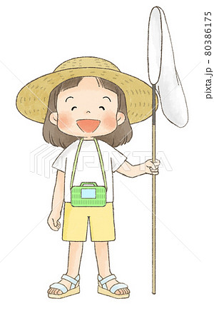 麦わら帽子の女の子（虫取り姿・笑い顔） 80386175