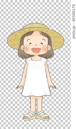 麦わら帽子の女の子 全身正面笑い顔 のイラスト素材