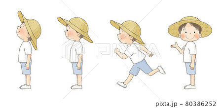 麦わら帽子の男の子 全身横向きセット のイラスト素材