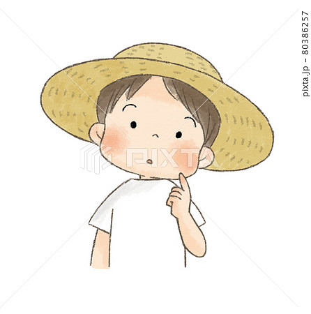 麦わら帽子の男の子 考えるポーズ のイラスト素材